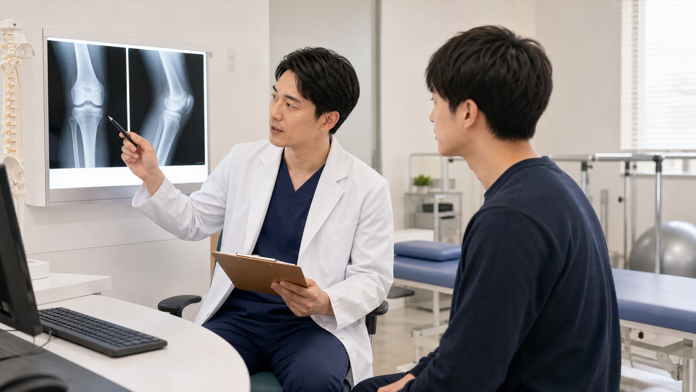整形外科医が患者にレントゲン画像を説明する様子