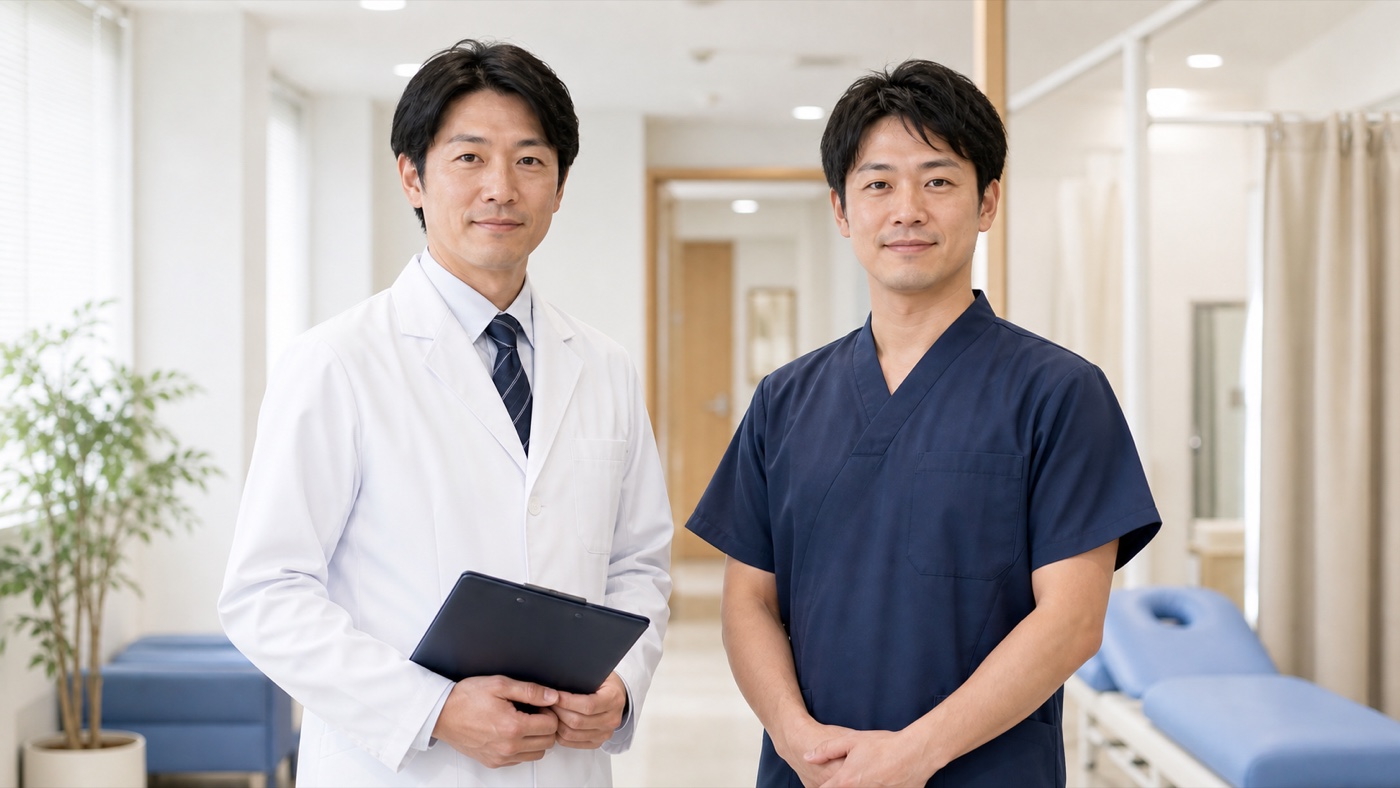 整形外科医と柔道整復師が医療現場で並ぶ様子