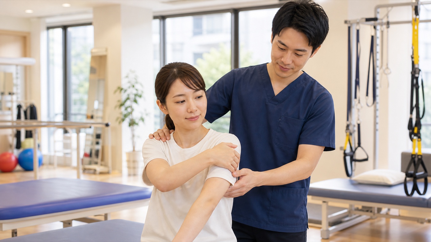 整形外科のリハビリ室で首肩の運動療法を受ける患者