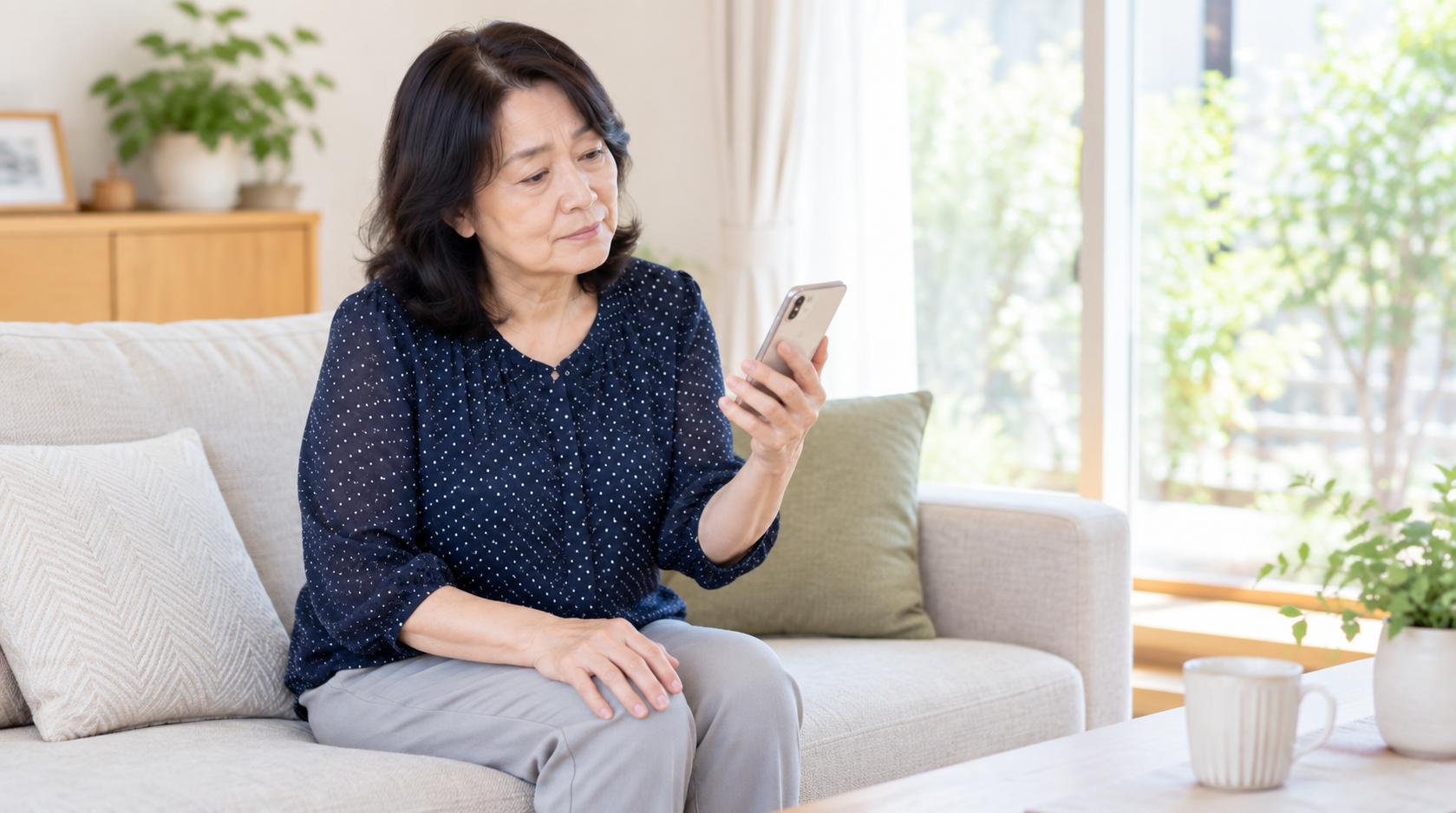 自宅のソファで膝に手を当てながら、スマートフォンで治療の情報を見ている女性(イメージ)