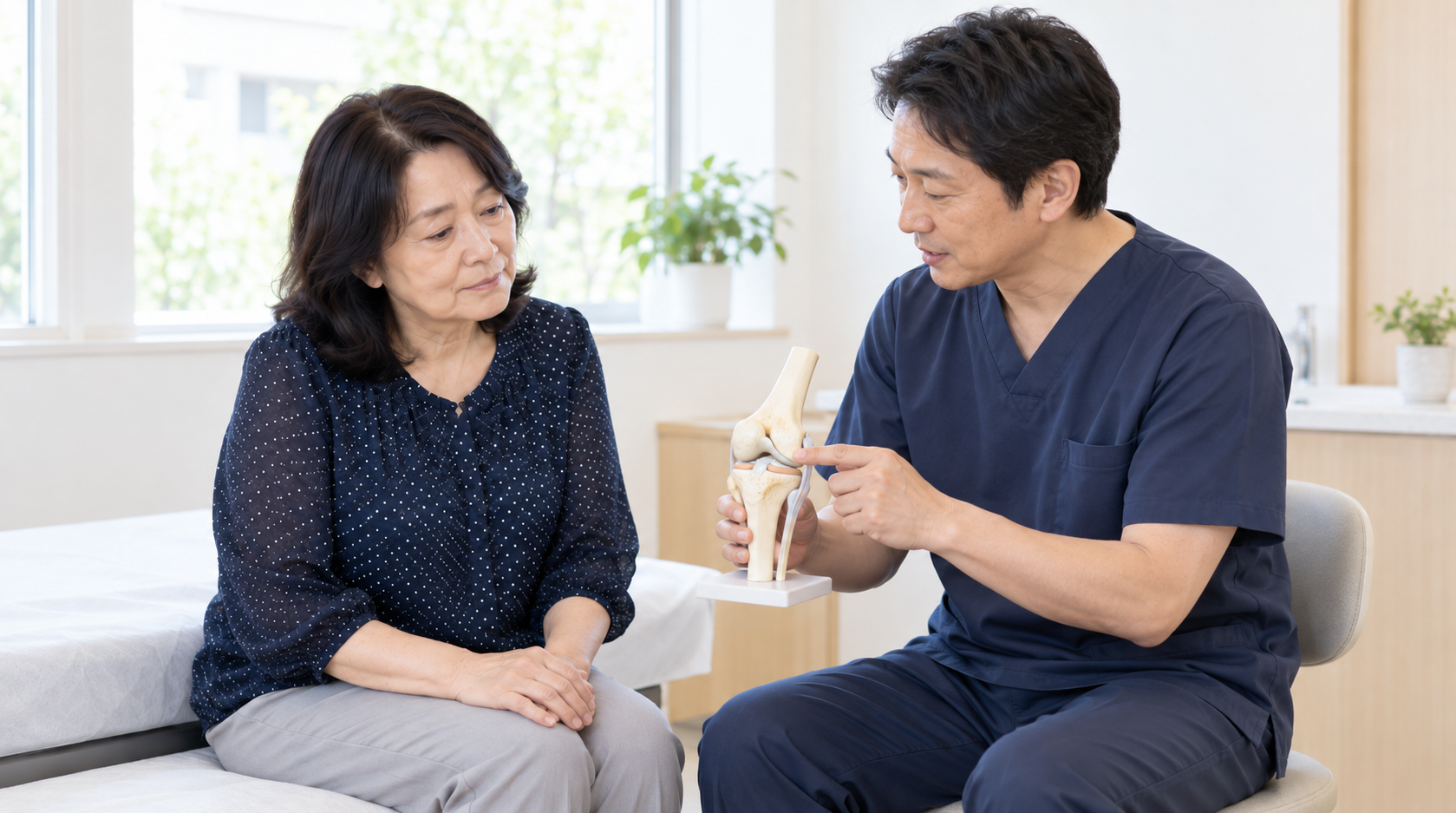 診察室で医師が膝の模型を使い、患者に説明している様子(イメージ)