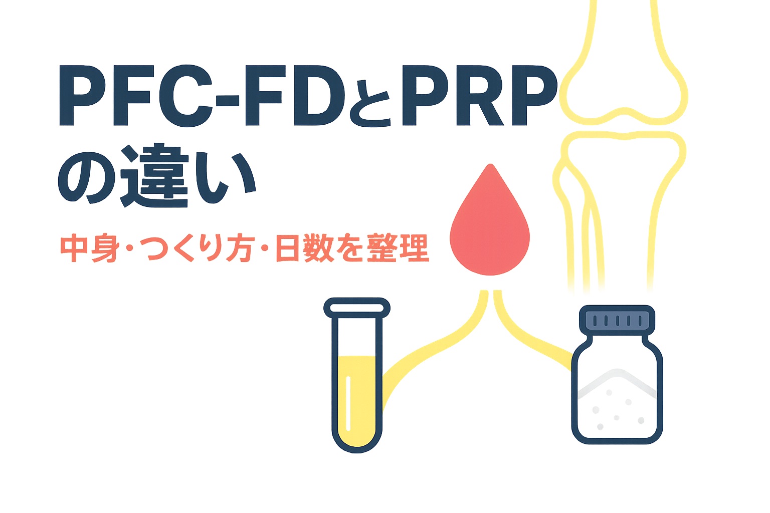 ひとしずくの血液から2本の道が分かれ、左に液体の入った試験管、右に粉末の入った小瓶がある、PRPとPFC-FDの違いをイメージしたイラスト