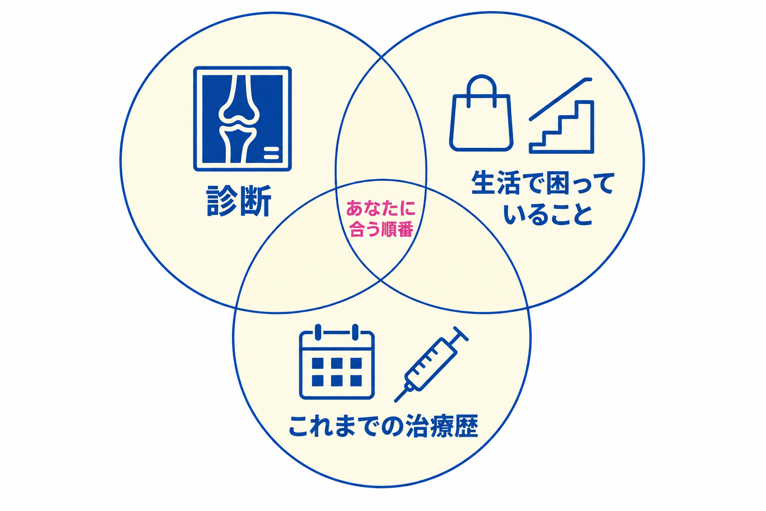 診断、生活で困っていること、これまでの治療歴の3つの円が重なるベン図。重なる中心に「あなたに合う順番」と示されている
