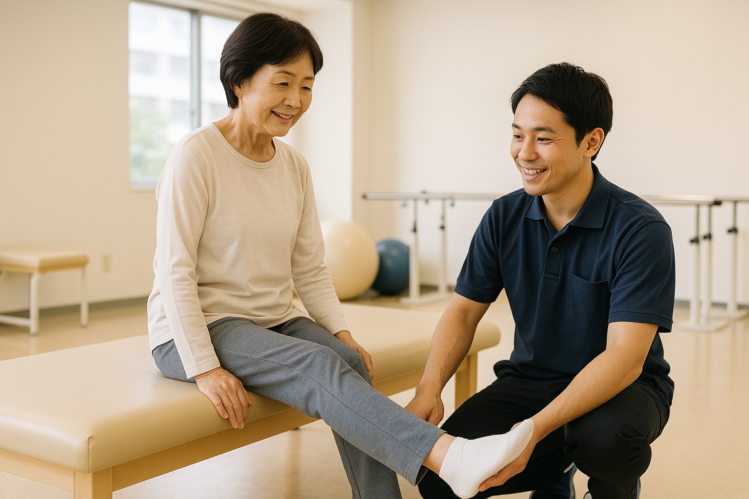 リハビリ室で、女性がベッドに腰かけて膝を伸ばす運動をし、理学療法士がそばで見守っている様子