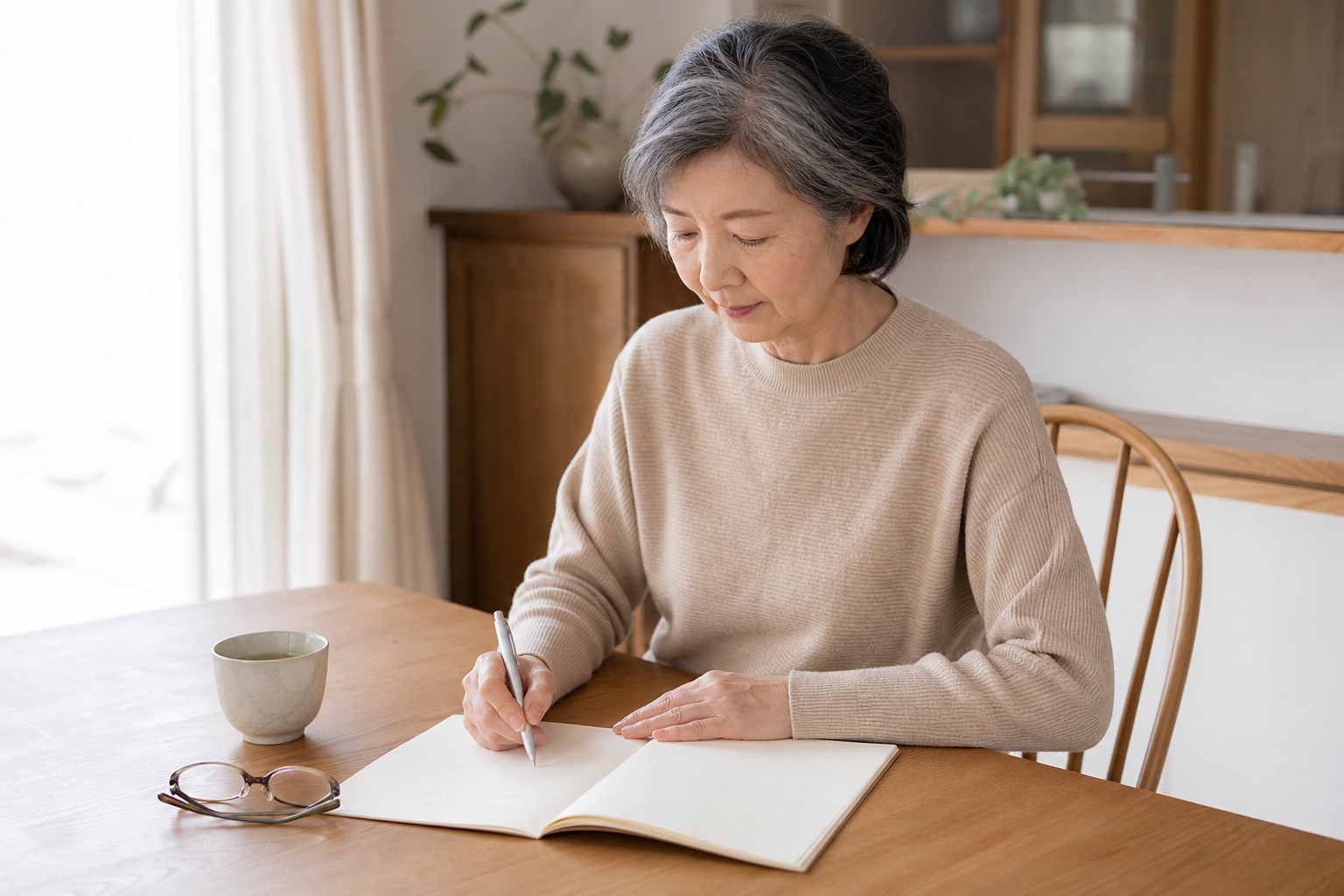 自宅の食卓で、ノートに気になることを書き出しながら考えている女性