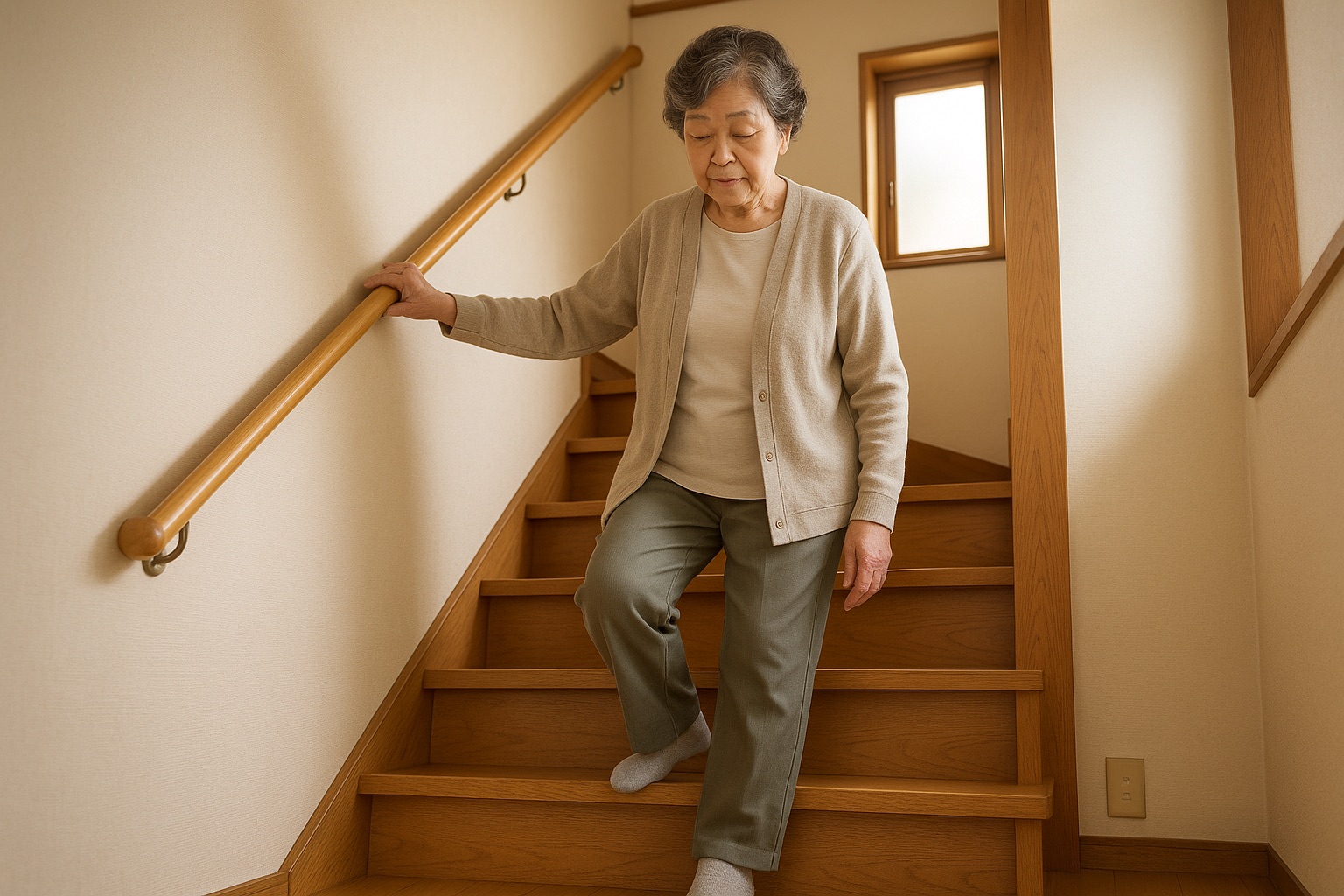 自宅の階段を、女性が手すりを持って一段ずつゆっくり下りている様子