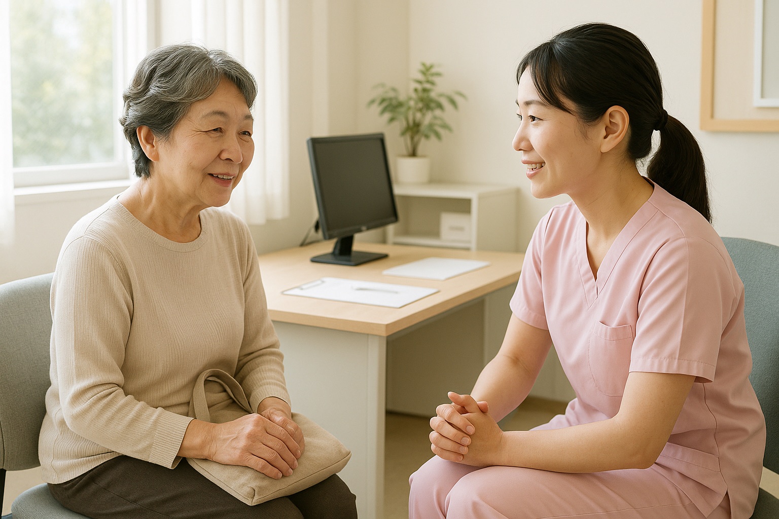 問診スペースで、女性の患者さんが体調について話し、看護師がうなずきながら聞いている様子