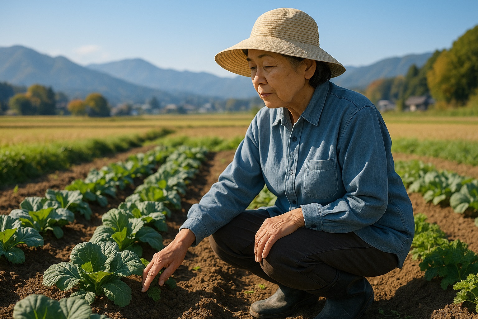 畑でしゃがんで野菜の手入れをしている女性が、手を止めて膝に手を置いている