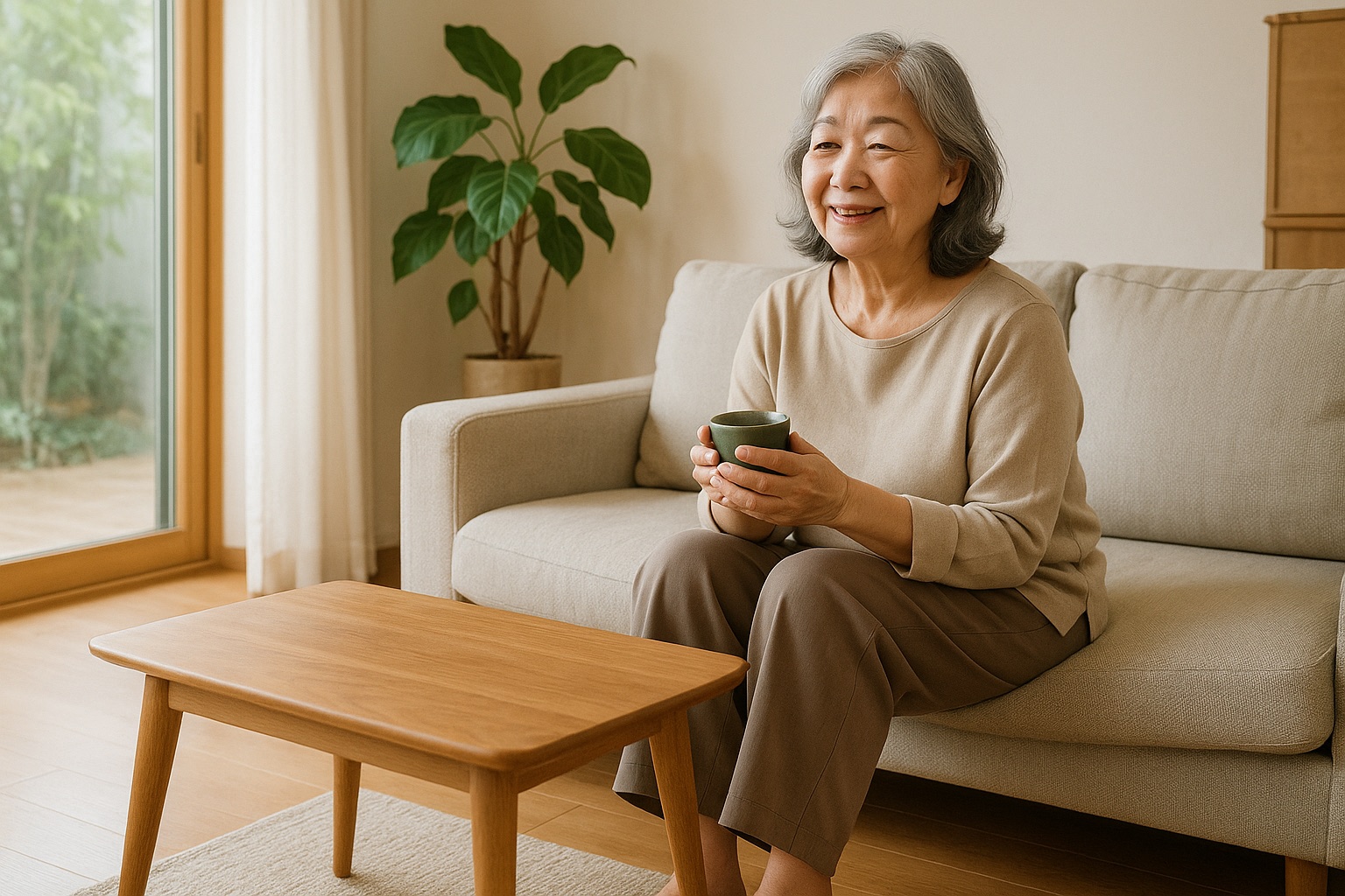 自宅のリビングで、女性がソファに腰かけて湯のみを手に落ち着いて過ごしている様子