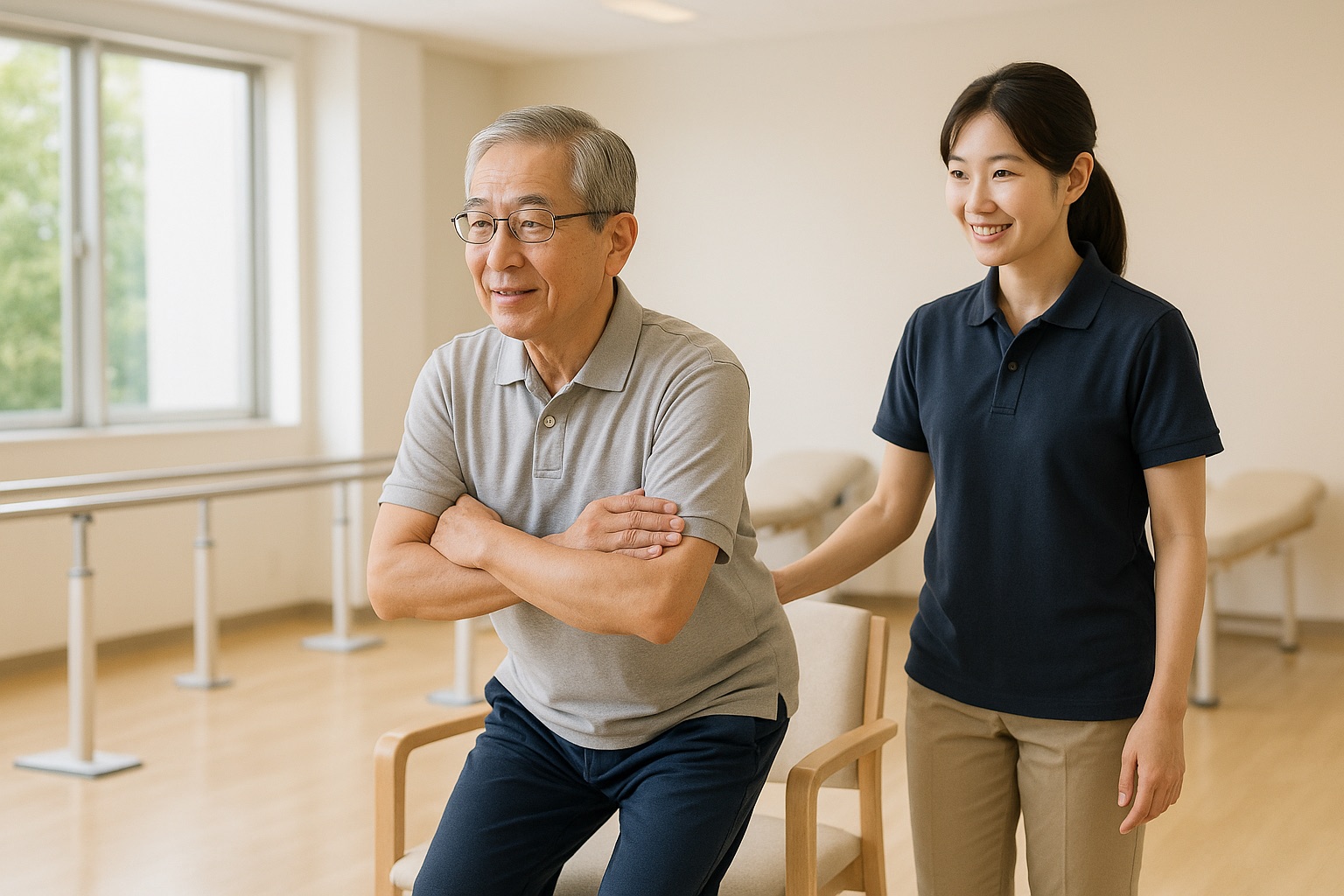 リハビリ室で、男性が椅子から立ち上がる練習をし、理学療法士がそばで見守っている様子