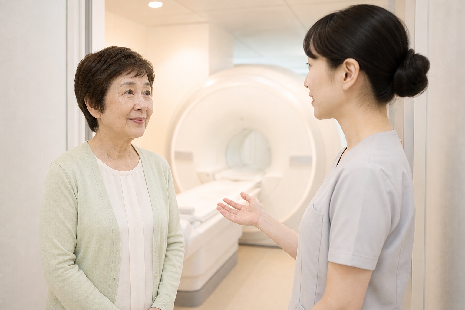 MRI検査室の入り口で、女性がスタッフから検査の説明を受けている様子